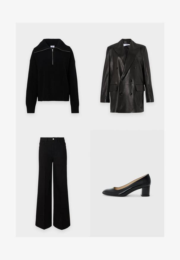 Czarna skórzana marynarka dwurzędowa z szerokimi klapami, przednimi kieszeniami i guzikami. Gładka tekstura z dopasowanym krojem.; Czarny dzianinowy sweter z wysokim kołnierzem i półzamkiem. Posiada prążkowaną fakturę i długie rękawy, zapewniając luźny krój.; Czarne dżinsy o szerokich nogawkach, wykonane z mocnego materiału, z wysokim stanem, kieszeniami z przodu i zapięciem na guzik z przodu. Płaskie wykończenie u dołu.; Czarne lakierowane czółenka na grubej podeszwie z zaokrąglonym noskiem i gładką fakturą, z wyściełaną wkładką i nisko wyciętą cholewką.