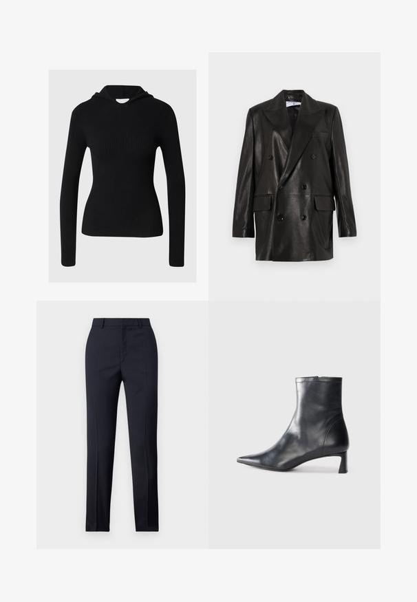Juodas odinis dvigubos sagos švarkas su plačiais sklendais, priekinėmis kišenėmis ir mygtukų akcentais. Lygi tekstūra su pritaikytu siluetu.; Juodas raštuotas džemperis su ilgomis rankovėmis, prigludusio dizaino ir audiniu. Turi klasikinį gobtuvą ir apvalų kaklą.; Jūriniai pritaikyti kelnes su tiesiu kirpimu, turinčios lygų paviršių, dvi priekinės kišenės ir švarus liemuo.; Juodas odinis kulkšninis batas su smailiu pirštu ir elegantišku dizainu. Turi žemą kulną ir užtrauktuką gale. Lygi tekstūra.