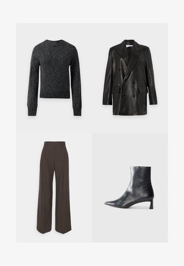 Blazer din piele neagră, cu două rânduri de nasturi, guler larg, buzunare frontale și accente din nasturi. Textură netedă cu o siluetă croită.; Pullover tricotat cu modele gri închis, cu mâneci lungi, găuri ribbate la manșete și la margine, precum și gât tip crew, prezentat pe un fundal alb.; Pantaloni largi de culoare maro închis, cu talie înaltă, prezentând pliante bine călcate, textură fină și o croială adaptată.; Cizmă de gleznă din piele neagră cu vârf ascuțit și un design elegant. Dispune de un toc mic și de o închidere cu fermoar la spate. Textură netedă.