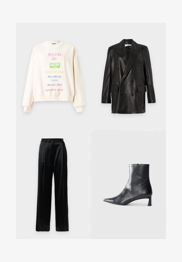 Čierny kožený dvojradový blejzer so širokými klopami, prednými vreckami a gombíkovými detailami. Hladká textúra s priliehavým strihom.; Krémový sveter s dlhými rukávmi, ktorý má rôzne farebné textové dizajny "Moschino Jeans", vrátane blokových a kurzívnych písem.; Čierne saténové nohavice s vysokým pásom a širokými nohavicami, s pútkami na opasok a s plochým uzatváraním na bielom pozadí.; Čierne kožené členkové topánky s špicatou špičkou a elegantným dizajnom. Majú nízky podpätok a zips na zadnej strane. Hladká textúra.