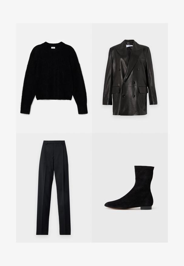 Schwarze Leder-Doppelreiher-Blazer mit breiten Revers, Fronttaschen und Knopfakzenten. Glatte Textur mit taillierter Silhouette.; Schwarzer, kurzer Pullover aus plüschigem Material. Mit einem runden Ausschnitt und langen Ärmeln mit einer weichen Textur. Minimalistisches Design, keine Muster.; Schwarze Hosen aus glattem Stoff mit hoher Taille, weitem Bein, vorderen Falten und klassischen Gürtelschlaufen. Keine sichtbaren Seitentaschen.; Schwarze Wildleder-Ankelboots mit einem enganliegenden Schaft, spitzer Zehenform und niedrigem Blockabsatz. Glatte Textur und minimalistisches Design, geeignet für vielseitige Styles.