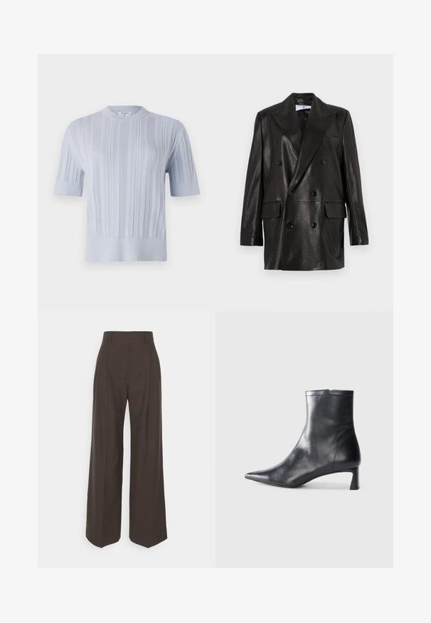 Schwarze Leder-Doppelreiher-Blazer mit breiten Revers, Fronttaschen und Knopfakzenten. Glatte Textur mit taillierter Silhouette.; Helles blaues kurzärmliges Strickoberteil mit vertikaler Rippstruktur und Rundhalsausschnitt. Der Stoff zeigt dezente Details mit einem taillierten Saum.; Dunkelbraune weite Hose mit hoher Taille, die über sorgfältig gebügelte Falten, eine glatte Textur und eine taillierte Passform verfügt.; Schwarze Lederstiefelette mit spitzer Zehe und schlankem Design. Verfügt über einen niedrigen Absatz und einen Reißverschluss hinten. Glatte Textur.