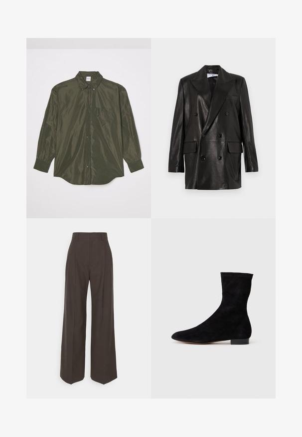 Blazer doppiopetto in pelle nera con ampi revers, tasche frontali e dettagli in bottone. Texture liscia con silhouette su misura.; Camicia a maniche lunghe di un verde oliva scuro, realizzata in tessuto lucido, con chiusura a bottoni frontale, colletto a punta e taschino sul petto.; Pantaloni ampi marrone scuro con vita alta, caratterizzati da pieghe ben stirate, una texture liscia e una vestibilità su misura.; Stivale alla caviglia in suede nero con gambale aderente, punta affusolata e tacco a blocco basso. Texture liscia e design minimalista, adatto per uno stile versatile.