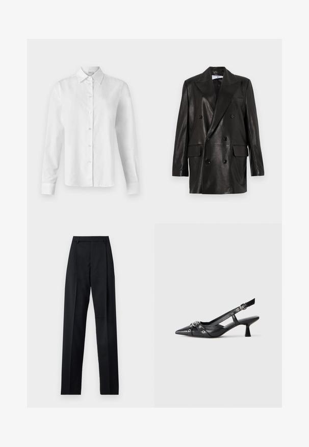 Černý kožený dvouřadý blazer s širokými klopy, předními kapsami a ozdobnými knoflíky. Hladká textura s upraveným siluetou.; Bílá košile s dlouhým rukávem a límečkem, vyrobená z hladké bavlněné tkaniny. Má šest knoflíků vpředu a upravené manžety.; Černé kalhoty vyrobené z hladké tkaniny, vybavené vysokým pasem, širokými nohavicemi, předními záhyby a klasickými poutky na opasek. Nejsou viditelné boční kapsy.; Černé kožené slingback boty s špičatou špičkou, dekorativními pásky s kovovými očky a nízkým blokovým podpatkem. Texturovaný povrch.