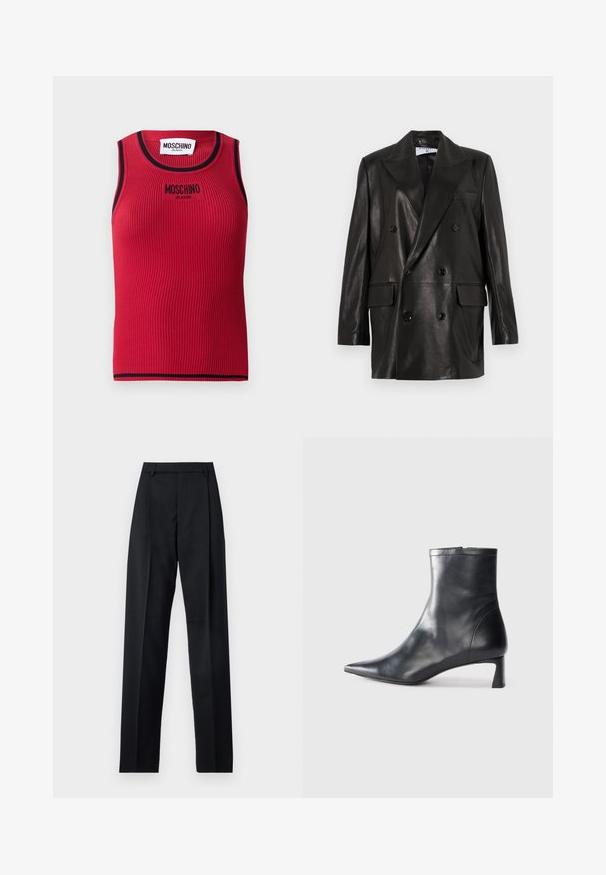 Mustast nahast kahe nööbiga bleiser laiale kraele, esikottidele ja nööpirnidele. Sile tekstuur koos kohandatud siluetiga.; Punane ribidega tank-top mustade äärtidega, mille ees on tikand "MOSCHINO JEANS". Käteta disain, liibuv siluett.; Mustad püksid siledast kangast, millel on kõrge vöökoht, laiad jalad, esimesed kortsud ja klassikalised vööloopid. Küljepockets pole nähtavad.; Mustad mustall nahkasaabas terava nina ja stiilse disainiga. Omab madalat konts ja luku sulgemist taga. Sile tekstuur.