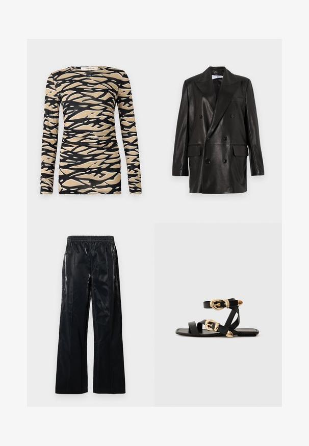 Fekete bőr, dupla gombos blézer széles hajtókákkal, elülső zsebekkel és gombdíszítéssel. Sima textúra, szabott sziluett.; Hosszú ujjú felső, sima, rugalmas anyagon fekete és bézs absztrakt hullámmintával. Testhez simuló fazon, kerek nyakkivágással és karcsú ujjaival.; Fekete, széles szárú nadrág fényes anyagból. Rugalmas derékpánttal és függőleges varratokkal a struktúra és a dizájn érdekében. Sima textúra.; Fekete bőr szandál arany csattal, több hevederrel és lapos talpú dizájnnal, nyitott lábujjú viselethez.