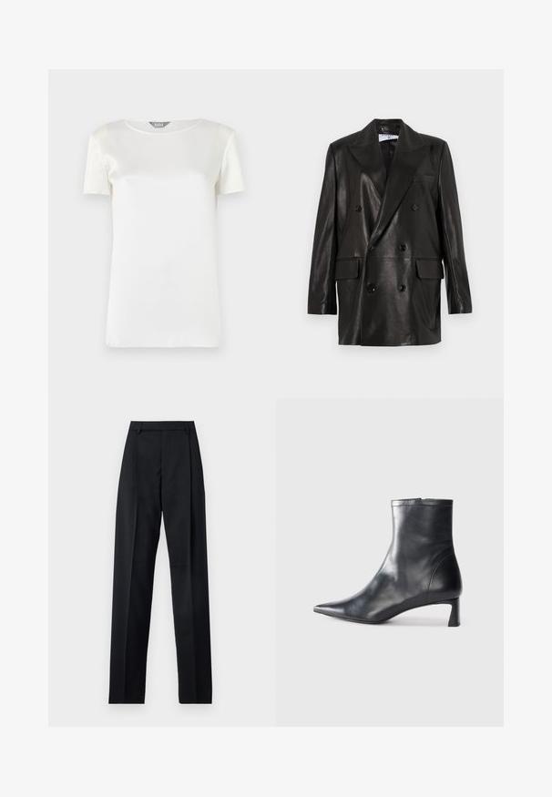Juodas odinis dvigubos sagos švarkas su plačiais sklendais, priekinėmis kišenėmis ir mygtukų akcentais. Lygi tekstūra su pritaikytu siluetu.; Balta trumpa rankovė puspalaidė, pagaminta iš lygaus satino, su apvalia iškirpte ir minimaliais siūlais. Švarus, paprastas dizainas su švelnia tekstūra.; Juodos kelnės iš lygaus audinio, pasižyminčios aukštu liemeniu, plačiomis kojomis, priekinėmis klostėmis ir klasikiais diržo kilpomis. Šoninių kišenių nematyti.; Juodas odinis kulkšninis batas su smailiu pirštu ir elegantišku dizainu. Turi žemą kulną ir užtrauktuką gale. Lygi tekstūra.
