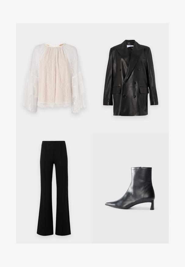 Černý kožený dvouřadý blazer s širokými klopy, předními kapsami a ozdobnými knoflíky. Hladká textura s upraveným siluetou.; Alice + Olivia DELIA RUFFLE TUNIC - Blůza - off white; Černé kalhoty s volným zakončením a vysokým pasem, vyrobené z elastického materiálu. Mají vertikální švy na přední straně a hladký povrch.; Černé kožené kotníkové boty s špičatou špičkou a elegantním designem. Mají nízký podpatek a zipové zapínání na zadní straně. Hladká textura.