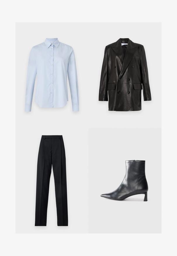Juodas odinis dvigubos sagos švarkas su plačiais sklendais, priekinėmis kišenėmis ir mygtukų akcentais. Lygi tekstūra su pritaikytu siluetu.; ASPESI CAMICIA - Užsagstoma palaidinė - sky blue; Juodos kelnės iš lygaus audinio, pasižyminčios aukštu liemeniu, plačiomis kojomis, priekinėmis klostėmis ir klasikiais diržo kilpomis. Šoninių kišenių nematyti.; Juodas odinis kulkšninis batas su smailiu pirštu ir elegantišku dizainu. Turi žemą kulną ir užtrauktuką gale. Lygi tekstūra.