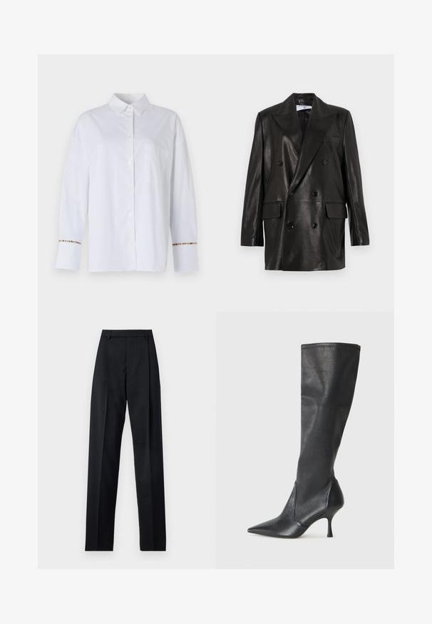Černý kožený dvouřadý blazer s širokými klopy, předními kapsami a ozdobnými knoflíky. Hladká textura s upraveným siluetou.; Bílá košile s dlouhým rukávem a knoflíkovým zapínáním vyrobená z hladkého materiálu, se hrudní kapsou a barevným pruhovaným detailem na manžetách.; Černé kalhoty vyrobené z hladké tkaniny, vybavené vysokým pasem, širokými nohavicemi, předními záhyby a klasickými poutky na opasek. Nejsou viditelné boční kapsy.; Černé kožené vysoké boty do kolen s špičatou špičkou a štíhlým jehlovým podpatkem. Hladká textura s přiléhavým střihem a přešitím na horním okraji.