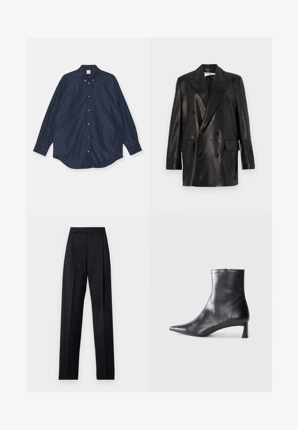 Black leather double-breasted blazer with wide lapels, front pockets, and button accents. Smooth texture with a tailored silhouette.; Navy blue long-sleeve button-up shirt, satin-like texture, includes single chest pocket and rounded hem. Features buttoned collar and cuffs.; Black trousers made from smooth fabric featuring a high waist, wide legs, front pleats, and classic belt loops. No side pockets visible.; Black leather ankle boot with a pointed toe and a sleek design. Features a low heel and a zipper closure at the back. Smooth texture.
