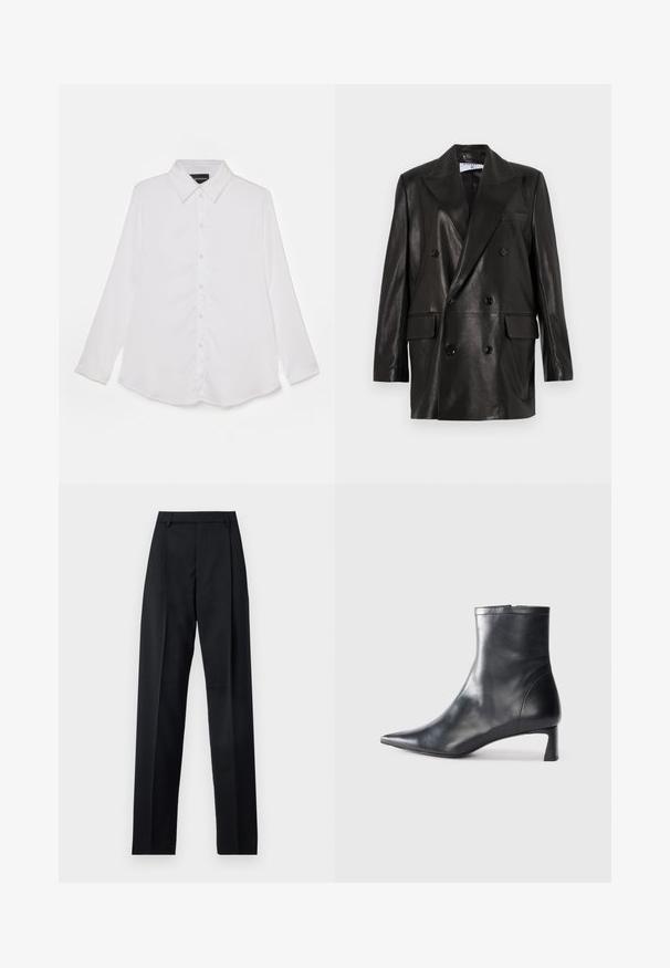 Juodas odinis dvigubos sagos švarkas su plačiais sklendais, priekinėmis kišenėmis ir mygtukų akcentais. Lygi tekstūra su pritaikytu siluetu.; Balta ilga rankovėmis marškiniai su mygtukų uždarymu priekyje, klasikinė apykaklė, lygus paviršius, kreivė apačioje ir subtilus blizgesys.; Juodos kelnės iš lygaus audinio, pasižyminčios aukštu liemeniu, plačiomis kojomis, priekinėmis klostėmis ir klasikiais diržo kilpomis. Šoninių kišenių nematyti.; Juodas odinis kulkšninis batas su smailiu pirštu ir elegantišku dizainu. Turi žemą kulną ir užtrauktuką gale. Lygi tekstūra.