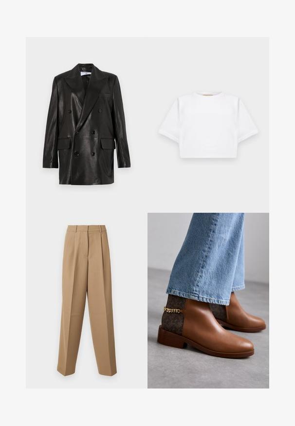 Melnas ādas divrindu žakete ar plašiem atlokiem, priekšējām kabatām un pogu akcentiem. Gluda tekstūra ar pielāgotu siluetu.; Izgriezta balta T-krekla no mīksta auduma, ar īsām piedurknēm, apaļu apkakli un ribota apakšmala. Vienkāršs un neizpušķots dizains.; Bēšas stilīgas bikses ar augstu jostasvietu, kroku priekšpusi un platām kājām. Audums izskatās gluds ar vieglu spīdumu.; Brūni ādas potīšu zābaki ar gludu apdari, kuriem ir rakstaina tumši brūna sānu paneļa un zelta ķēdes akcents papēža daļā.