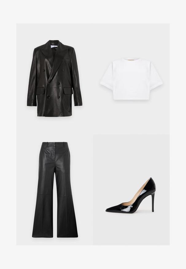 Mustast nahast kahe nööbiga bleiser laiale kraele, esikottidele ja nööpirnidele. Sile tekstuur koos kohandatud siluetiga.; Lühikeste varrukatega, pehmest kangast lõigatud valge T-särk, millel on ümar kaelus ja soonikuga ääred. Lihtne ja ilma kaunistusteta disain.; Mustad nahast laiad püksid sileda tekstuuriga, keskmise kõrgusega vöökoht, küljetaskud ja puhas esiseam detail.; Must matte musta kõrge kontsaga king, millel on terav varvas ja sujuv siluett. Omab sileda, läikivat viimistlust ja sale stiletto konts.