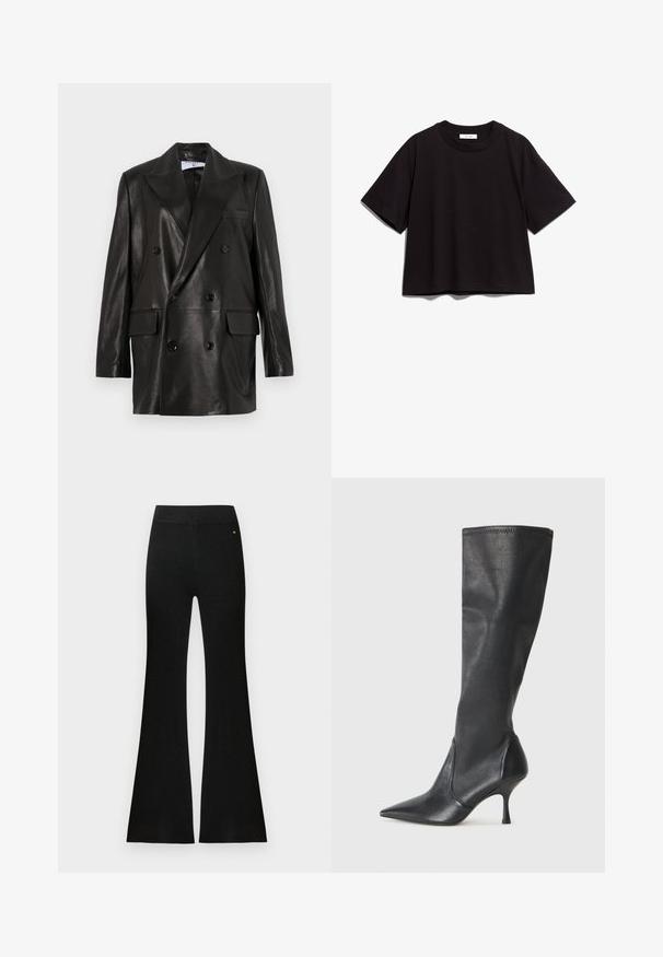 Zwarte leren dubbelbreasted blazer met brede revers, voorzakken en knoopaccenten. Gladde textuur met een getailleerd silhouet.; Zwart katoenen crop t-shirt met een ronde hals en korte mouwen. Heeft een relaxte pasvorm en een eenvoudig, onopgesmukt ontwerp.; Zwarte geribbelde wijde broek met een gladde tailleband. Gemaakt van gestructureerde stof met een lichte glans en een klein logo-accent.; Kniehoge zwarte leren laarzen met een spitse neus en een slanke stilettohak. Glad textuur met een aansluitend ontwerp en stiksels aan de bovenrand.