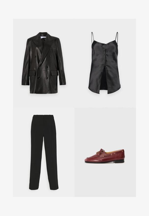 Čierny kožený dvojradový blejzer so širokými klopami, prednými vreckami a gombíkovými detailami. Hladká textúra s priliehavým strihom.; Čierna saténová cami s tenkými ramienkami, so zapínaním na gombíky vpredu a rozdeleným lemom pre dodatočný detail. Hladká textúra a minimalistický dizajn.; Čierne elegantné nohavice s rovnými nohavicami, vyznačujúce sa vysokým pásom, záhybmi a hladkou textúrou látky.; Burgundské kožené lodičky s okrúhlym prstom, šnurovací dizajn, zlaté očká a nízka čierna podrážka. Hladká textúra so štepovaním.