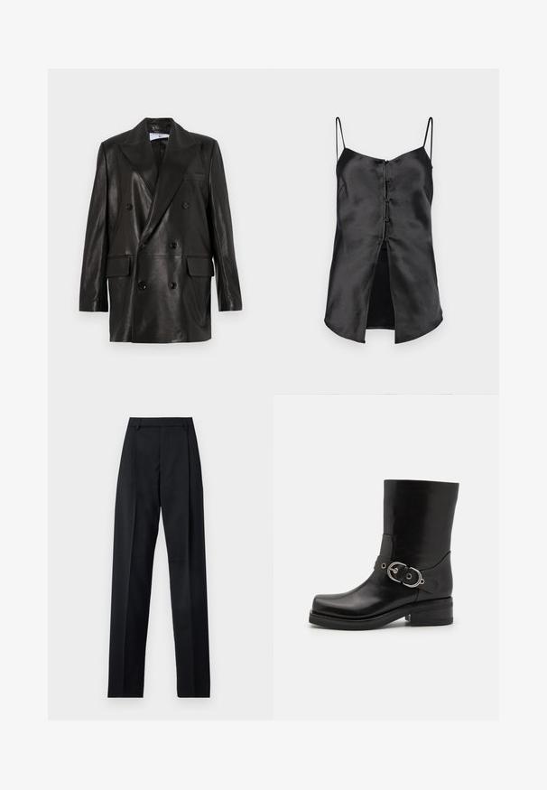 Blazer en cuir noir à double boutonnage avec larges revers, poches avant et accents en bouton. Texture lisse avec une silhouette cintrée.; Camisole noir en satin avec des fines bretelles, présentant un devant à boutons et un ourlet fendu pour plus de détails. Texture lisse et design minimaliste.; Pantalon noir en tissu lisse avec taille haute, jambes larges, plis à l'avant et passants de ceinture classiques. Pas de poches latérales visibles.; Bottines en cuir noir avec un tige cylindrique, un détail de bride à boucle métallique, un bout rond et un petit talon bloc. Texture lisse.