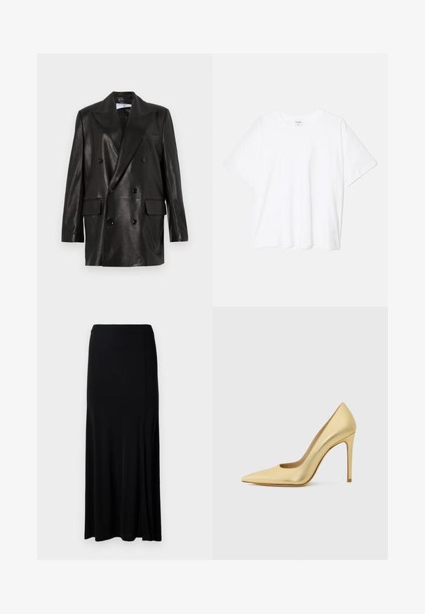 Svart läder dubbelknäppt blazer med breda slag, framfickor och knappdetaljer. Slät textur med skräddarsydd silhuett.; Vit bomull t-shirt med kort ärm, rund halsringning, avslappnad passform och söm i nederkant. Etikett synlig på insidan av halsen.; Svart maxiklänning i ett mjukt tyg, med en sidslits, elastisk midja och raka linjer för en minimalistisk design.; Guld metallisk spetsig tå högklackad sko med stilettklack, visad från sidan på en enkel ljus bakgrund.