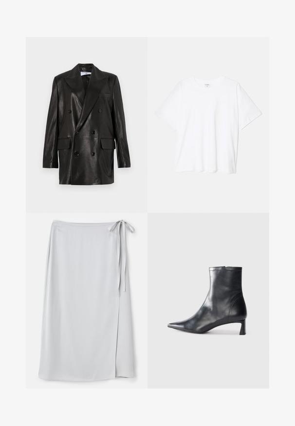 Zwarte leren dubbelbreasted blazer met brede revers, voorzakken en knoopaccenten. Gladde textuur met een getailleerd silhouet.; Witte katoenen t-shirt met korte mouwen, ronde halslijn, comfortabele pasvorm en gestikte zoom. Etiket zichtbaar aan de binnenzijde van de hals.; Lichtgrijze wikkelrok met een gladde textuur, sluiting met een zijstrik en een subtiele split aan de linkerkant. Eenvoudig ontwerp zonder patronen of accenten.; Zwarte leren enkellaars met een spitse neus en een slank ontwerp. Heeft een lage hak en een ritssluiting aan de achterkant. Gladde textuur.