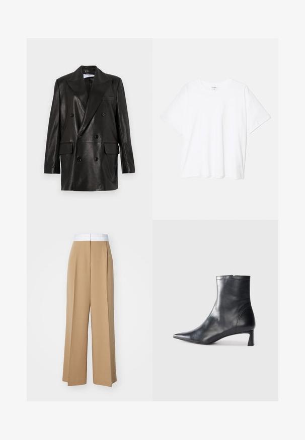 Black leather double-breasted blazer with wide lapels, front pockets, and button accents. Smooth texture with a tailored silhouette.; White cotton t-shirt with short sleeves, round neckline, relaxed fit, and stitched hem. Label visible on the inside neck.; Wide-leg trousers in a light brown fabric with a contrasting white waistband. Features clean lines and no visible patterns or embellishments.; Black leather ankle boot with a pointed toe and a sleek design. Features a low heel and a zipper closure at the back. Smooth texture.