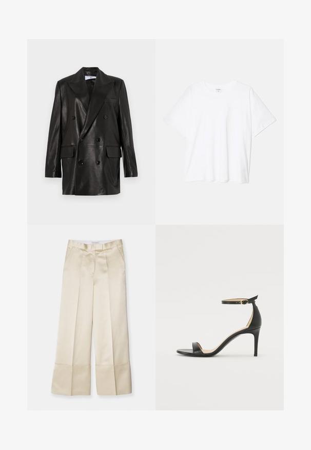 Čierny kožený dvojradový blejzer so širokými klopami, prednými vreckami a gombíkovými detailami. Hladká textúra s priliehavým strihom.; Biely bavlnený tričko s krátkymi rukávmi, okrúhlym výstrihom, voľným strihom a prešitým lemom. Štítok viditeľný na vnútornom krku.; Béžové nohavice s širokými nohavicami vyrobené z hladkej tkaniny, s vysokým pásom, prehnutým predným dielom a zloženým lemom, obsahujú bočné vrecká a čistý finiš.; Čierne kožené sandále na vysokom podpätku s popruhom okolo členka. Vlastnosti hladkého povrchu, otvorenej špičky a tenkého podpätku. Detail zlatého spony.