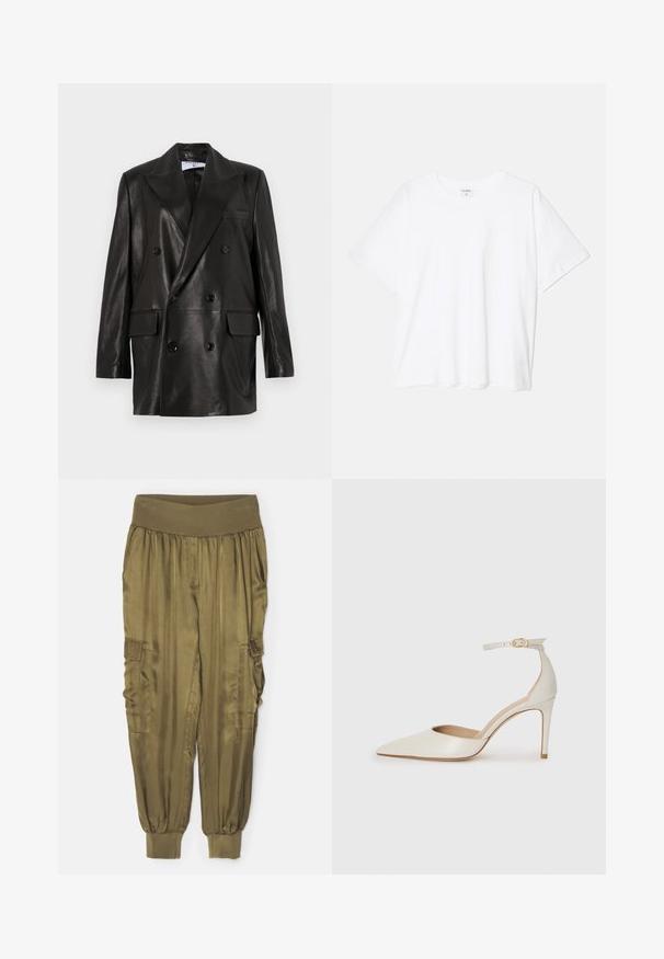Czarna skórzana marynarka dwurzędowa z szerokimi klapami, przednimi kieszeniami i guzikami. Gładka tekstura z dopasowanym krojem.; Biała bawełniana koszulka z krótkim rękawem, okrągłym dekoltem, luźnym krojem i przeszytym brzegiem. Metka widoczna wewnątrz dekoltu.; Cinq à Sept GILES khaki; Białe skórzane szpilki z ostrym noskiem, paskiem wokół kostki i cienką szpilkową obcasem. Gładka faktura z subtelnym połyskiem.
