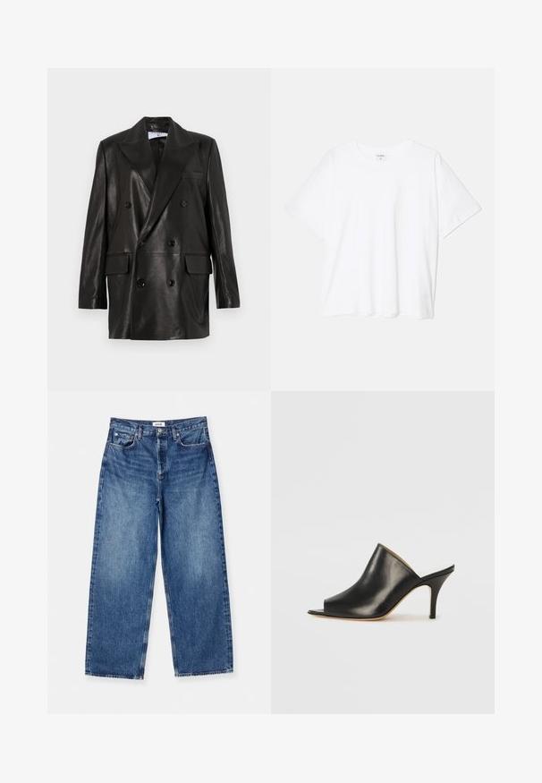 Juodas odinis dvigubos sagos švarkas su plačiais sklendais, priekinėmis kišenėmis ir mygtukų akcentais. Lygi tekstūra su pritaikytu siluetu.; Balta medvilnės marškinėliai trumpomis rankovėmis, apvalia iškirpte, laisvo kirpimo ir su siūtu kraštu. Etiketė matoma vidinėje iškirptės pusėje.; Šviesiai mėlyni plačių kojų džinsai, pagaminti iš džinsinio audinio, su klasikiniu penkių kišenių dizainu, matomomis siūlėmis ir vidutinio aukščio liemeniu.; Juodas odinis atviras mules batelis su elegantišku, kreiviu dizainu, aukštu stiletto kulnu ir lygiu paviršiumi. Vidus turi kontrastingą šviesią spalvą.