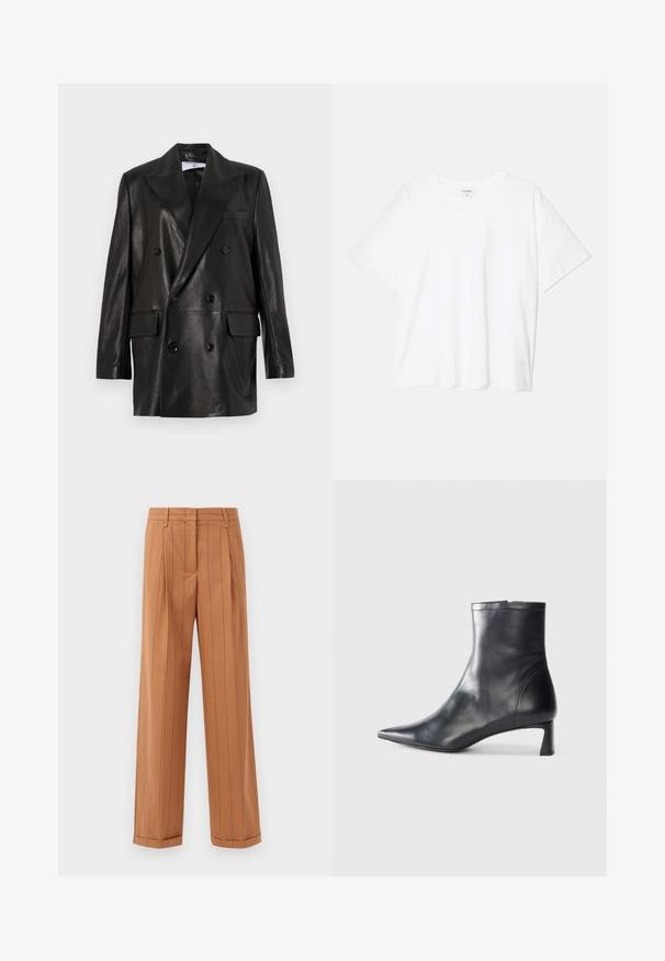 Zwarte leren dubbelbreasted blazer met brede revers, voorzakken en knoopaccenten. Gladde textuur met een getailleerd silhouet.; Witte katoenen t-shirt met korte mouwen, ronde halslijn, comfortabele pasvorm en gestikte zoom. Etiket zichtbaar aan de binnenzijde van de hals.; Bruine broek met streepdessin, uitgevoerd in een taillerende ontwerp met plooien, een rechte snit en een omgeslagen zoom. Gemaakt van een gladde stof.; Zwarte leren enkellaars met een spitse neus en een slank ontwerp. Heeft een lage hak en een ritssluiting aan de achterkant. Gladde textuur.