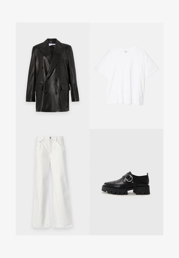 Juodas odinis dvigubos sagos švarkas su plačiais sklendais, priekinėmis kišenėmis ir mygtukų akcentais. Lygi tekstūra su pritaikytu siluetu.; Balta medvilnės marškinėliai trumpomis rankovėmis, apvalia iškirpte, laisvo kirpimo ir su siūtu kraštu. Etiketė matoma vidinėje iškirptės pusėje.; Balti džinsai su platėjančiais kampais, aukštu liemeniu, penkių kišenių dizainu ir matomu siuvimu. Yra metalinis mygtukas ir užtrauktukas.; Juodos odinės bateliai su masyviu, grioveliuotu padu, su apvaliu sidabro detalės akcentu ir minimaliais siuvimo elementais.