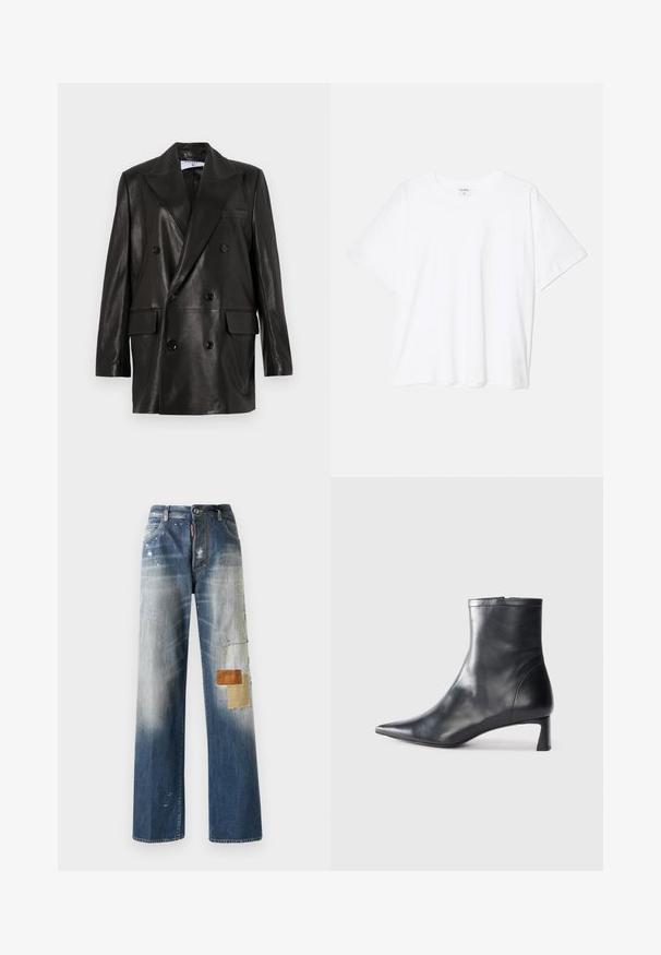 Juodas odinis dvigubos sagos švarkas su plačiais sklendais, priekinėmis kišenėmis ir mygtukų akcentais. Lygi tekstūra su pritaikytu siluetu.; Balta medvilnės marškinėliai trumpomis rankovėmis, apvalia iškirpte, laisvo kirpimo ir su siūtu kraštu. Etiketė matoma vidinėje iškirptės pusėje.; Mėlynos džinsinės kelnės su laisvu siluetu, nusidėvėjusios vietos ir įvairios tekstūruotos patai rudos ir smėlio spalvos kairėje kojoje. Matomas lengvas nusidėvėjimas.; Juodas odinis kulkšninis batas su smailiu pirštu ir elegantišku dizainu. Turi žemą kulną ir užtrauktuką gale. Lygi tekstūra.