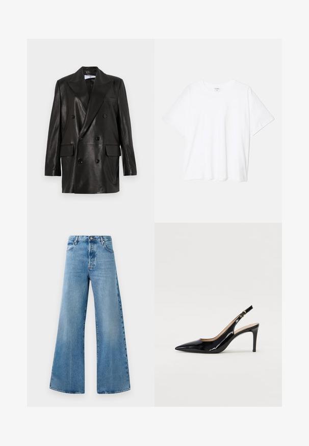 Černý kožený dvouřadý blazer s širokými klopy, předními kapsami a ozdobnými knoflíky. Hladká textura s upraveným siluetou.; Bílý bavlněný tričko s krátkým rukávem, kulatým výstřihem, volným střihem a šitým lemem. Nálepka viditelná na vnitřní straně výstřihu.; Široké světle modré džíny s vysokým pasem, které mají přední kapsy, zapínání na knoflík a jemné vybledlé detaily.; Černé lakované slingback lodičky s špičatou špičkou, úzkým podpatkem a jemným výřezem. Obsahují zlatou sponu na řemínku.