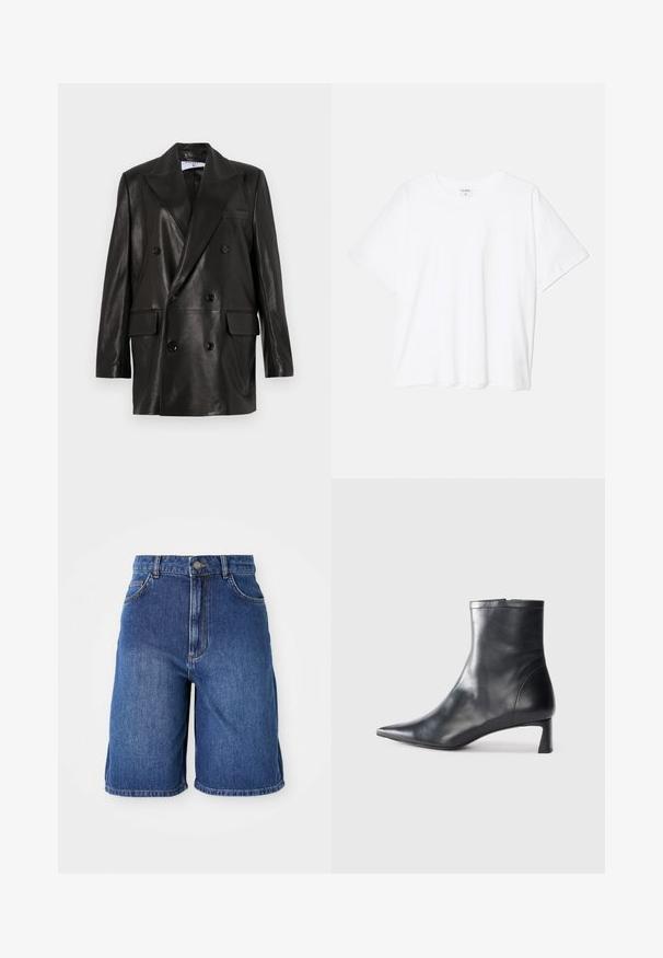 Blazer doppiopetto in pelle nera con ampi revers, tasche frontali e dettagli in bottone. Texture liscia con silhouette su misura.; T-shirt bianco in cotone con maniche corte, scollo rotondo, vestibilità comoda e orlo cucito. Etichetta visibile all'interno del colletto.; Shorts in denim blu scuro, con design a vita alta, cinque tasche e cuciture a contrasto. Orlo grezzo nella parte inferiore.; Stivaletto in pelle nera con punta affusolata e design elegante. Presenta un tacco basso e una chiusura con zip sul retro. Texture liscia.