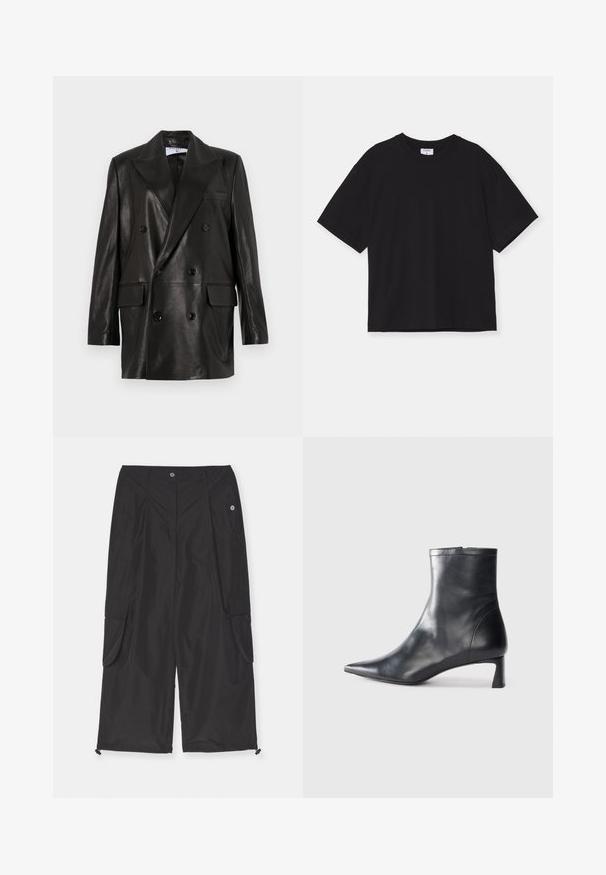 Čierny kožený dvojradový blejzer so širokými klopami, prednými vreckami a gombíkovými detailami. Hladká textúra s priliehavým strihom.; Čierne tričko s krátkymi rukávmi vyrobené z bavlny. Má voľný strih, okrúhly výstrih a žiadne viditeľné vzory ani ozdoby.; Čierne cargo nohavice vyrobené z ľahkej tkaniny majú bočné vrecká, nastaviteľný sťahovací lem a zapínanie na gombík.; Čierne kožené členkové topánky s špicatou špičkou a elegantným dizajnom. Majú nízky podpätok a zips na zadnej strane. Hladká textúra.