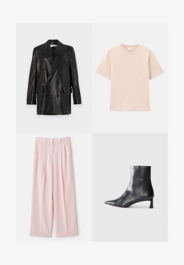 Juodas odinis dvigubos sagos švarkas su plačiais sklendais, priekinėmis kišenėmis ir mygtukų akcentais. Lygi tekstūra su pritaikytu siluetu.; Trumpas rankovės marškinėliai šviesiai bežinės spalvos, pagaminti iš minkštos medvilnės. Apvalus iškirpimas, laisvas kirpimas, su tiesiu apdailu ir be raštų ar grafikų.; Šviesiai rožinės plataus sijono kelnės su priekinėmis klostėmis, struktūrizuotu juosmeniu ir lygiu audiniu. Savybėse yra dvi šoninės kišenės.; Juodas odinis kulkšninis batas su smailiu pirštu ir elegantišku dizainu. Turi žemą kulną ir užtrauktuką gale. Lygi tekstūra.