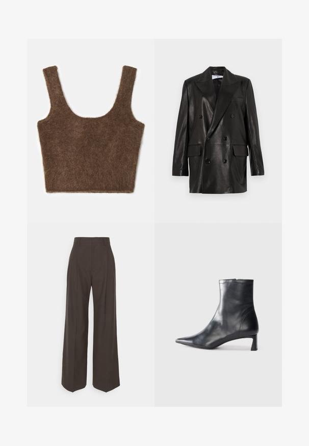 Čierny kožený dvojradový blejzer so širokými klopami, prednými vreckami a gombíkovými detailami. Hladká textúra s priliehavým strihom.; Hnedý, chlpatý skrátený top s širokými ramienkami a zaobleným výstrihom. Mäkká textúra a jednoduchý dizajn bez vzorov alebo ozdôb.; Tmavohnedé široké nohavice s vysokým pásom, ktoré majú úhľadne prežehlené záhyby, hladkú textúru a strih na mieru.; Čierne kožené členkové topánky s špicatou špičkou a elegantným dizajnom. Majú nízky podpätok a zips na zadnej strane. Hladká textúra.