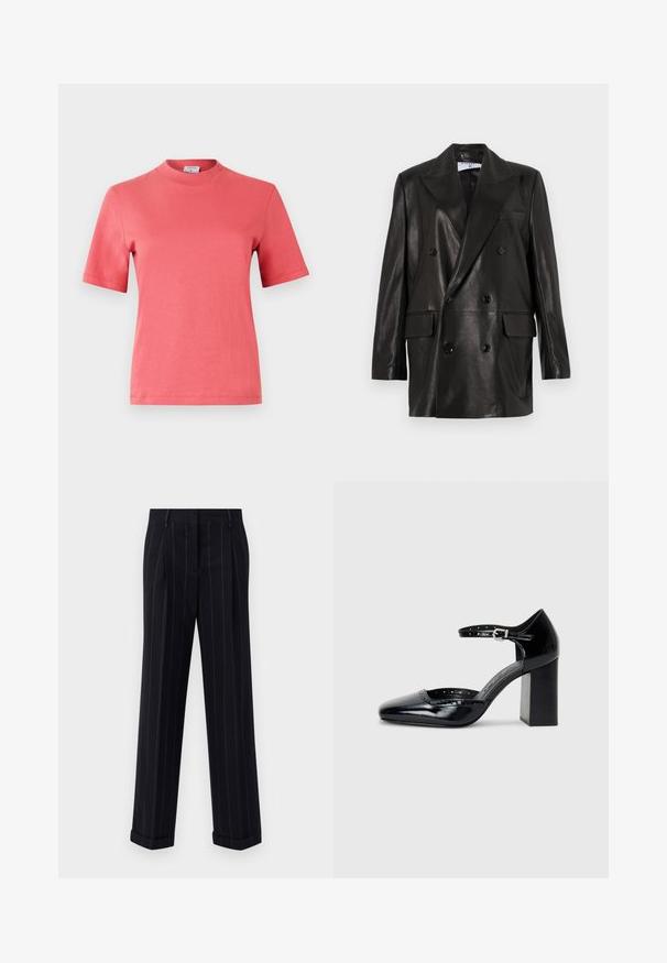 Blazer de cuero negro de doble botonadura con amplias solapas, bolsillos frontales y detalles de botones. Textura suave con una silueta entallada.; Camiseta de algodón de manga corta en color coral, con cuello redondo y diseño limpio, sin patrones. Textura suave con un corte regular.; Pantalones a rayas negras con un corte ajustado, que cuentan con un dobladillo prensado y pliegues en la parte delantera. Fabricados con un tejido suave y un diseño estructurado.; Zapatos de charol negro de tacón alto con punta cuadrada, correa en el tobillo y tacón grueso. Incluye detalles perforados a lo largo del borde.