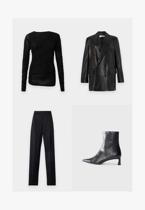 Čierny kožený dvojradový blejzer so širokými klopami, prednými vreckami a gombíkovými detailami. Hladká textúra s priliehavým strihom.; Čierna blúzka s dlhým rukávom má priliehavý strih s nariasenou textúrou a okrúhlym výstrihom, vyrobená z ľahkej, priehľadnej látky.; Čierne nohavice vyrobené z hladkej látky s vysokým pásom, širokými nohavicami, prednými záhybmi a klasickými pútkami na opasok. Žiadne bočné vrecká nie sú viditeľné.; Čierne kožené členkové topánky s špicatou špičkou a elegantným dizajnom. Majú nízky podpätok a zips na zadnej strane. Hladká textúra.