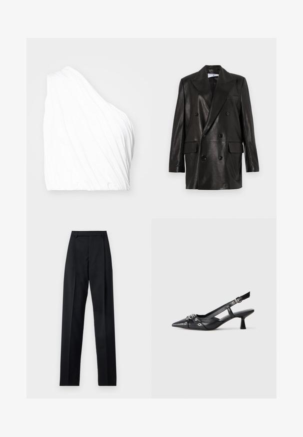 Blazer doppiopetto in pelle nera con ampi revers, tasche frontali e dettagli in bottone. Texture liscia con silhouette su misura.; Top bianco asimmetrico realizzato in tessuto leggero, con texture drappeggiata e orlo elasticizzato. Superficie liscia con linee morbide e fluide.; Pantaloni neri realizzati in tessuto morbido, caratterizzati da vita alta, gambe larghe, pince frontali e classiche passanti per cintura. Non ci sono tasche laterali visibili.; Scarpa slingback nera in pelle con punta affusolata, cinturini decorativi con occhielli metallici e tacco basso a blocco. Superficie testurizzata.
