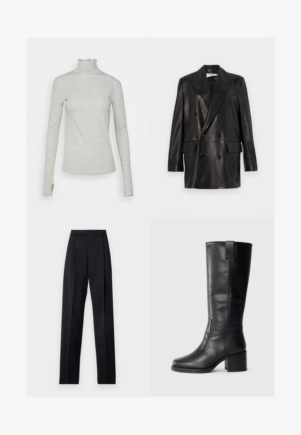 Juodas odinis dvigubos sagos švarkas su plačiais sklendais, priekinėmis kišenėmis ir mygtukų akcentais. Lygi tekstūra su pritaikytu siluetu.; Šviesiai pilkas ilgomis rankovėmis megztinis su aukštu kaklu, pagamintas iš minkštos medžiagos, su raukšlėta apačia ir prigludusia forma, tiesia apatine siūle.; Juodos kelnės iš lygaus audinio, pasižyminčios aukštu liemeniu, plačiomis kojomis, priekinėmis klostėmis ir klasikiais diržo kilpomis. Šoninių kišenių nematyti.; Juodos odinės iki kelių siekiančios botai su lygiu paviršiumi, kvadratiniu pirštu, storu kulnu ir šoniniu kilputė, su minimaliais siuvimo akcentais.