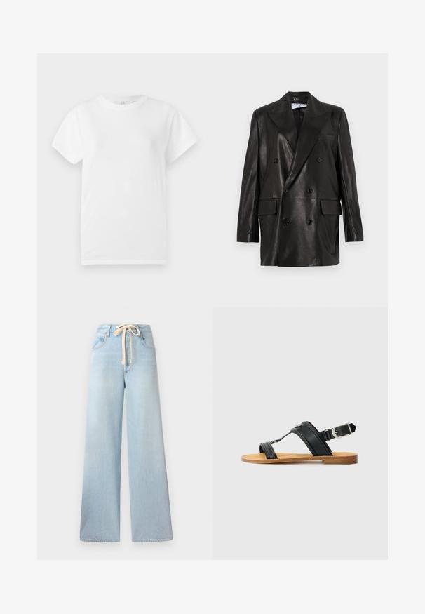 Zwarte leren dubbelbreasted blazer met brede revers, voorzakken en knoopaccenten. Gladde textuur met een getailleerd silhouet.; Witte katoenen t-shirt met korte mouwen en een ronde hals. Gladde textuur en minimaal ontwerp, zonder zichtbare patronen of accenten.; Lichtblauwe wijde jeans gemaakt van denim, met een koordsluiting in de taille en een klassiek vijf-pocket ontwerp met minimale vervaging.; Zwarte leren sandaal met verstelbare gesp, platte beige zool en twee brede banden die over de voet kruisen, minimalistisch ontwerp.