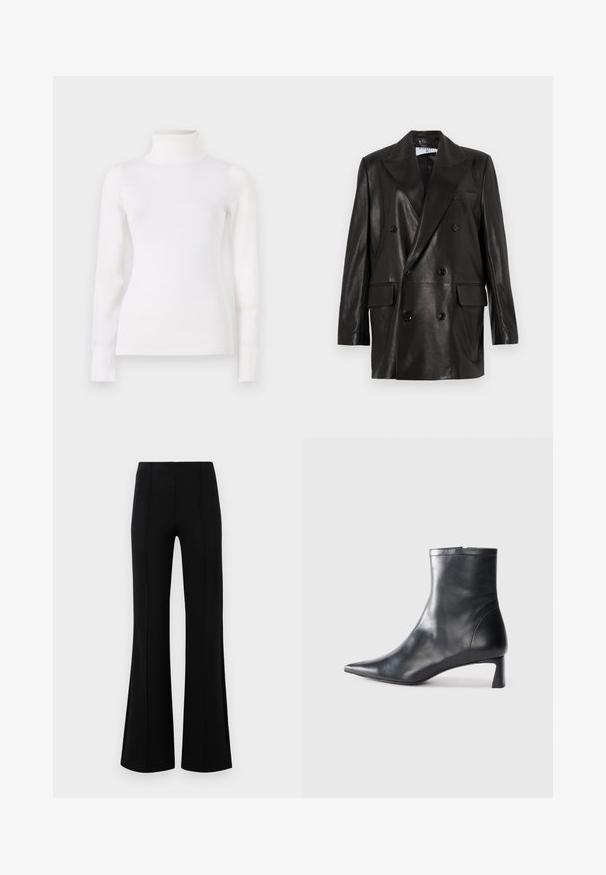 Juodas odinis dvigubos sagos švarkas su plačiais sklendais, priekinėmis kišenėmis ir mygtukų akcentais. Lygi tekstūra su pritaikytu siluetu.; Balta megzta palaidinė su aukštu kaklu, prigludęs dizainas, ilgomis rankovėmis, minkšta tekstūra, lygus audinys, minimalus dekoras, raukšlėti rankogaliai ir apykaklė.; Juodos plačios kelnės su aukštu liemeniu, pagamintos iš tamprios medžiagos. Priekinėje dalyje yra vertikalūs siūlų akcentai ir lygus paviršius.; Juodas odinis kulkšninis batas su smailiu pirštu ir elegantišku dizainu. Turi žemą kulną ir užtrauktuką gale. Lygi tekstūra.