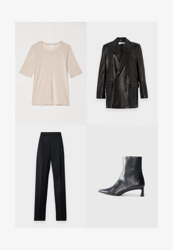 Schwarze Leder-Doppelreiher-Blazer mit breiten Revers, Fronttaschen und Knopfakzenten. Glatte Textur mit taillierter Silhouette.; Filippa K ELENA TEE - T-Shirt basic - taupe; Schwarze Hosen aus glattem Stoff mit hoher Taille, weitem Bein, vorderen Falten und klassischen Gürtelschlaufen. Keine sichtbaren Seitentaschen.; Schwarze Lederstiefelette mit spitzer Zehe und schlankem Design. Verfügt über einen niedrigen Absatz und einen Reißverschluss hinten. Glatte Textur.