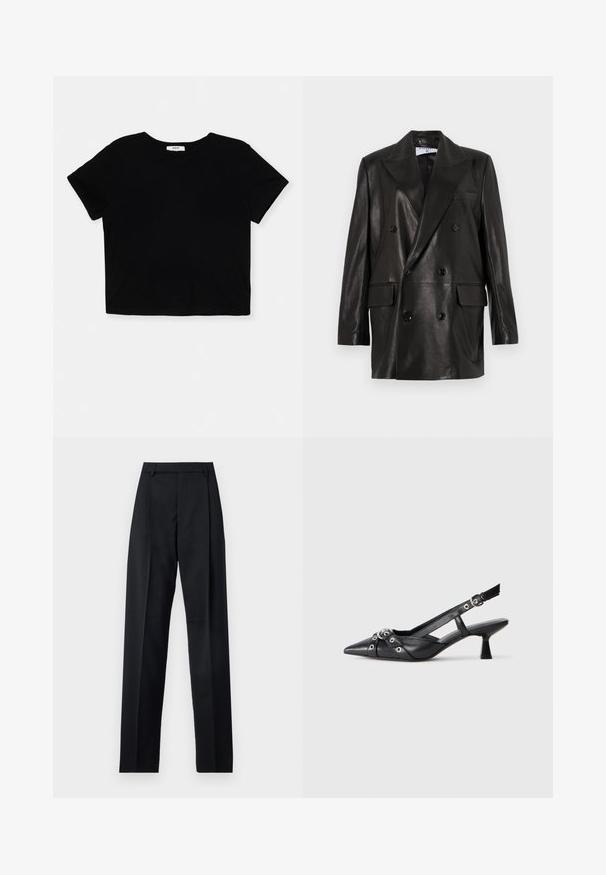 Mustast nahast kahe nööbiga bleiser laiale kraele, esikottidele ja nööpirnidele. Sile tekstuur koos kohandatud siluetiga.; Must muströömiline must t-särk, mis on valmistatud pehmest puuvillast. Sellel on lühikesed varrukad, ümar kaelus ja puhas serv ilma kaunistusteta.; Mustad püksid siledast kangast, millel on kõrge vöökoht, laiad jalad, esimesed kortsud ja klassikalised vööloopid. Küljepockets pole nähtavad.; Must must have must toote tõmblukuga, dekoratiivsed rihmad metallist silmadega ja madal blokk-kand. Tekstureeritud pind.