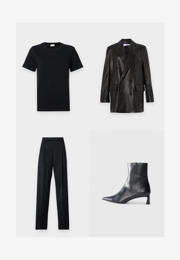 Fekete bőr, dupla gombos blézer széles hajtókákkal, elülső zsebekkel és gombdíszítéssel. Sima textúra, szabott sziluett.; Fekete pamut rövid ujjú póló kerek nyakkal, finom logó részlettel az alsó előtt, és egyenes fazonú aljjal.; Fekete nadrág sima anyagból, magas derékkal, széles lábakkal, elülső redőkkel és klasszikus övhurkokkal. Oldalzsebek nem láthatók.; Fekete bőr bokacsizma hegyes orral és letisztult dizájnnal. Alacsony sarka és hátsó cipzáras záródása van. Simának tűnő textúra.