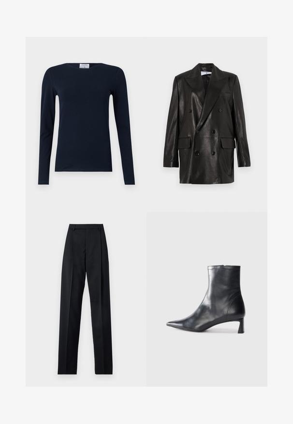 Čierny kožený dvojradový blejzer so širokými klopami, prednými vreckami a gombíkovými detailami. Hladká textúra s priliehavým strihom.; Námornícky dlhý rukáv tričko vyrobené z mäkkého bavlneného materiálu. Má okrúhly výstrih, priliehavý strih a rovný lem bez viditeľných vzorov alebo akcentov.; Čierne nohavice vyrobené z hladkej látky s vysokým pásom, širokými nohavicami, prednými záhybmi a klasickými pútkami na opasok. Žiadne bočné vrecká nie sú viditeľné.; Čierne kožené členkové topánky s špicatou špičkou a elegantným dizajnom. Majú nízky podpätok a zips na zadnej strane. Hladká textúra.