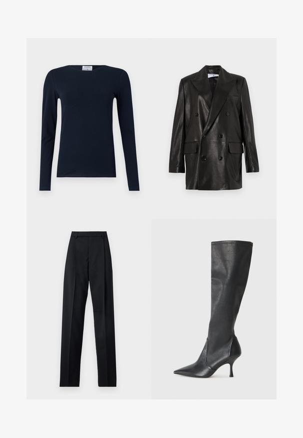 Zwarte leren dubbelbreasted blazer met brede revers, voorzakken en knoopaccenten. Gladde textuur met een getailleerd silhouet.; Marineblauwe longsleeve T-shirt, gemaakt van zachte katoen. Kenmerkt zich door een ronde hals, slim fit en een regulier boord zonder zichtbare patronen of accenten.; Zwarte broek gemaakt van gladde stof met een hoge taille, wijde benen, voorplooien en klassieke ceintuurlussen. Geen zijzakken zichtbaar.; Kniehoge zwarte leren laarzen met een spitse neus en een slanke stilettohak. Glad textuur met een aansluitend ontwerp en stiksels aan de bovenrand.