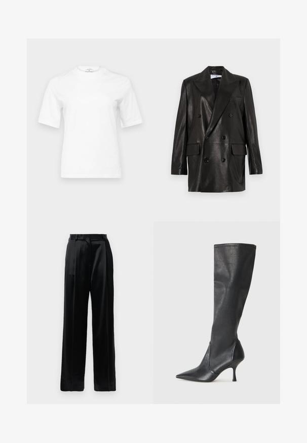 Sort læder dobbeltradet blazer med brede revers, forlommer og knapdetaljer. Glat tekstur med en skræddersyet silhuet.; Hvid bomulds T-shirt med rund halsudskæring og korte ærmer. Har en lige pasform og minimalistisk design. Ingen mønstre eller accenter.; Sorte satinbukser med høj talje, lige brede ben, bæltestropper og flad lukning på en ensfarvet hvid baggrund.; Knæhøje sorte læderstøvler med spidse tæer og slanke stiletto-hele. Glat tekstur med en tætsiddende design og syninger ved toppen.