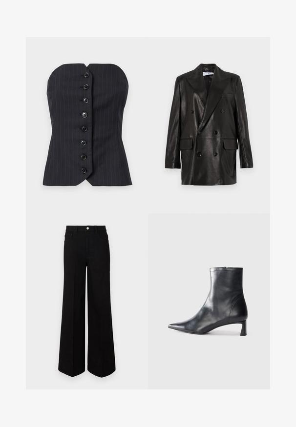 Blazer de cuero negro de doble botonadura con amplias solapas, bolsillos frontales y detalles de botones. Textura suave con una silueta entallada.; Top sin tirantes de rayas negras con un diseño ajustado, que presenta un escote recto y siete botones frontales para el cierre. Textura de tela suave.; Pantalones de mezclilla negros de pierna ancha, hechos de una tela resistente, con una cintura alta, bolsillos frontales y un cierre de botón en la parte delantera. Dobladillo recto en la parte inferior.; Botín de cuero negro hasta el tobillo con punta afilada y un diseño elegante. Presenta un tacón bajo y un cierre con cremallera en la parte trasera. Textura suave.