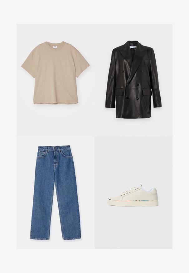 Sort læder dobbeltradet blazer med brede revers, forlommer og knapdetaljer. Glat tekstur med en skræddersyet silhuet.; Filippa K OVERSIZED TEE - T-shirts basic - taupe; Blå denimjeans med vid benudskæring, klassisk design med fem lommer og metalhardware-detaljer. Let slitage på stoffet er til stede.; Off-white lav-Top sneakers med snørebåndsdesign, hvid indvendig foring og subtil flerfarvet kant langs sålens kant, set fra siden.