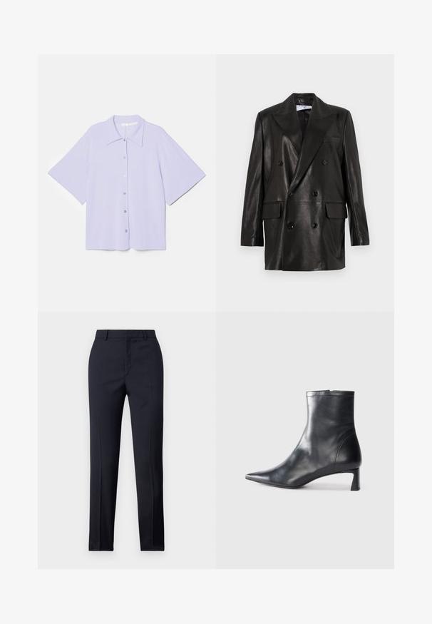 Blazer doppiopetto in pelle nera con ampi revers, tasche frontali e dettagli in bottone. Texture liscia con silhouette su misura.; Camicia viola a maniche corte con colletto a punta, realizzata in tessuto liscio, con chiusura a bottoni e silhouette ampia.; Pantaloni tailored blu navy a gamba dritta, caratterizzati da una texture liscia, due tasche frontali e una vita pulita.; Stivaletto in pelle nera con punta affusolata e design elegante. Presenta un tacco basso e una chiusura con zip sul retro. Texture liscia.